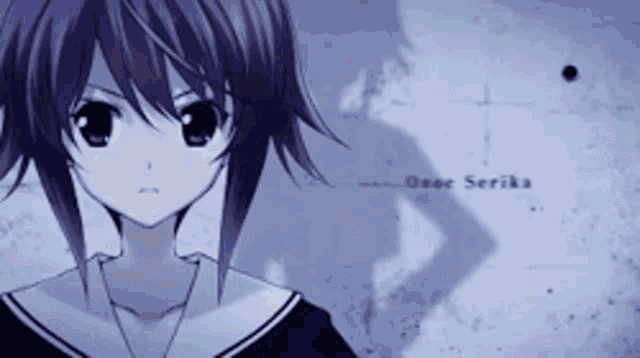 a close up of a girl with the name onoe serika