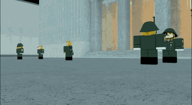 a group of soldiers are standing in front of a building in a video game