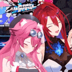 a couple of anime girls are standing next to each other in front of a sign that says ' breaking dimensions ' on it