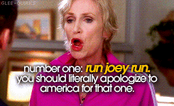 a woman in a pink jacket says " run joey run you should literally apologize to america for that one "