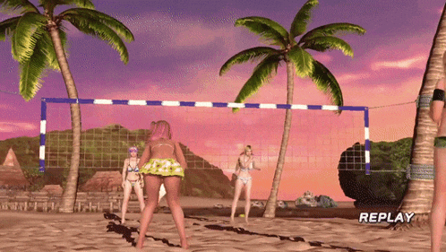 a video game screen shows three women playing volleyball on a beach with the word replay below them
