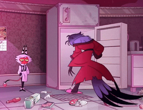a cartoon character is standing next to a refrigerator with the letter g on it
