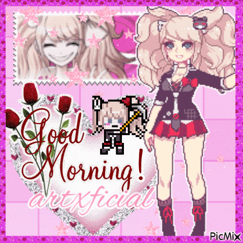 a picture of a girl with roses and a heart that says good morning artificial