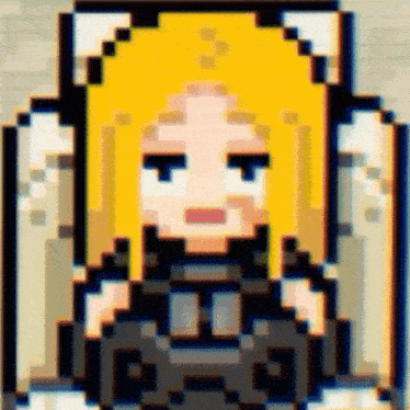 a pixel art of a girl with blonde hair and a black dress