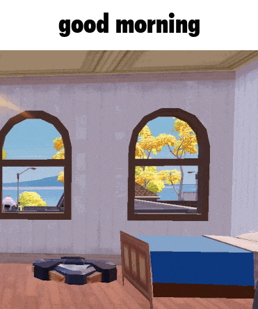 a bedroom with two arched windows and the words good morning on the top