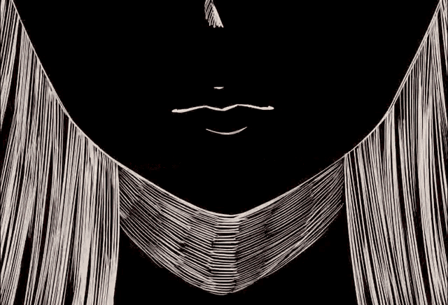 a black and white drawing of a woman 's face with long hair