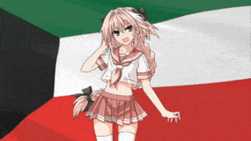 a girl with pink hair is standing in front of a green and white flag