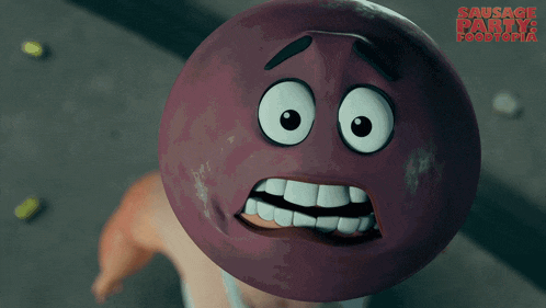 a bald man with a mustache and a white tank top is featured in a sausage party food fight advertisement