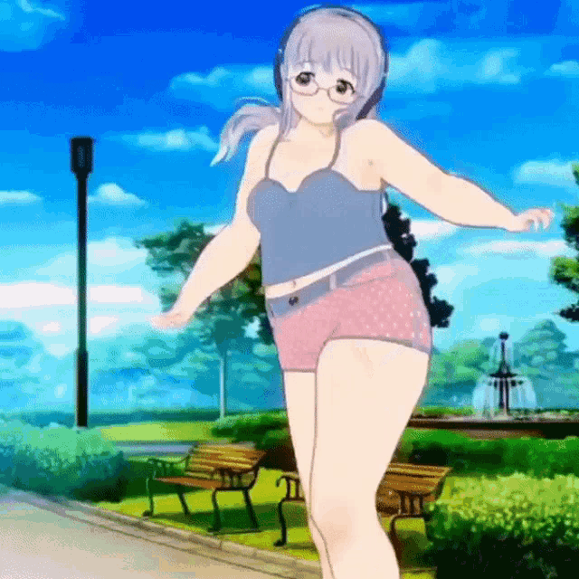 a girl with glasses is dancing in a park with a fountain in the background