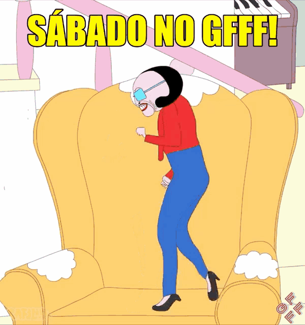 a cartoon of a woman standing on a yellow couch with the words sabado no gfff written above her