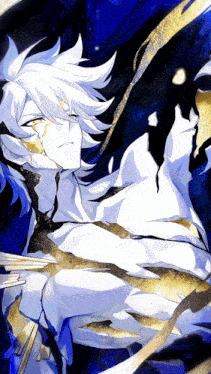 a drawing of a boy with white hair and gold spots on his face