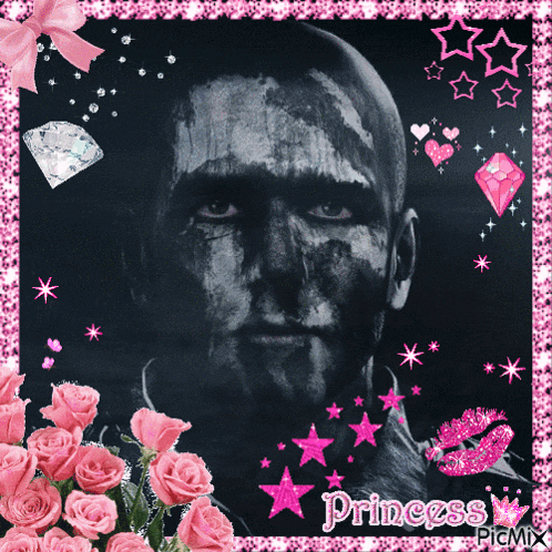 a picture of a man with black paint on his face is surrounded by pink flowers and stars