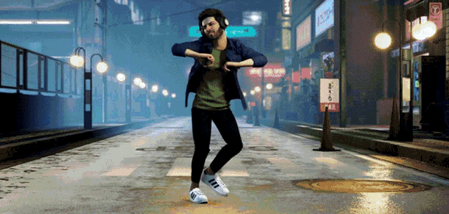 a man is dancing on a street in front of a sign that says " pay "