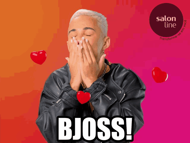 a man in a leather jacket is covering his mouth with his hands and the word bjoss is on the bottom