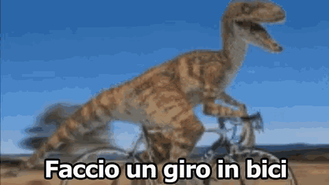 a dinosaur is riding a bike with the words faccio un giro in bici written below it .