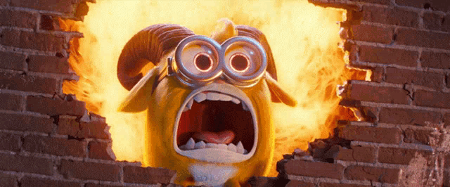 a cartoon character with horns is screaming in front of a burning brick wall