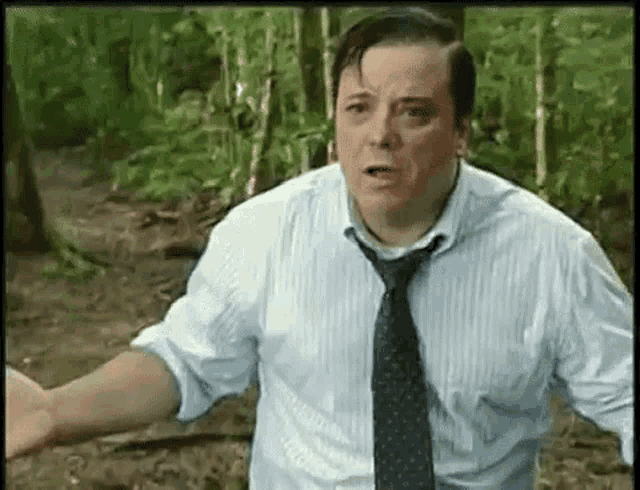 a man in a striped shirt and tie is standing in a forest .