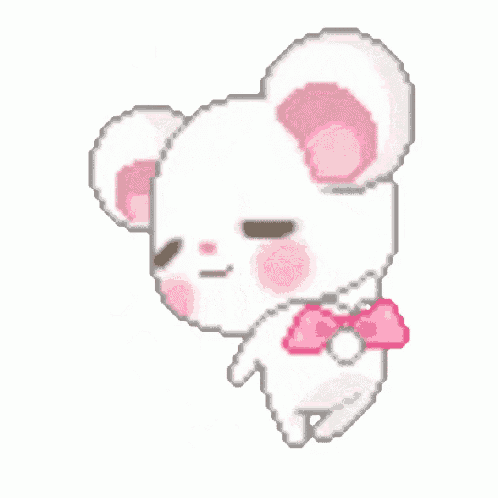 a pixel art of a teddy bear wearing a pink bow tie and surrounded by pink hearts