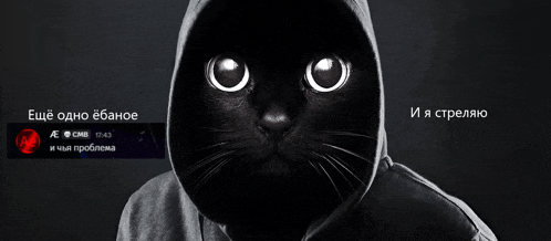 a black cat wearing a hooded jacket with russian writing on the bottom right