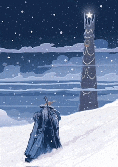 a drawing of a wizard standing in the snow