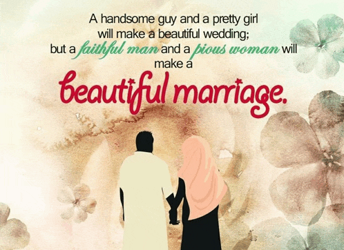 a man and a woman are standing next to each other with the words beautiful marriage below them