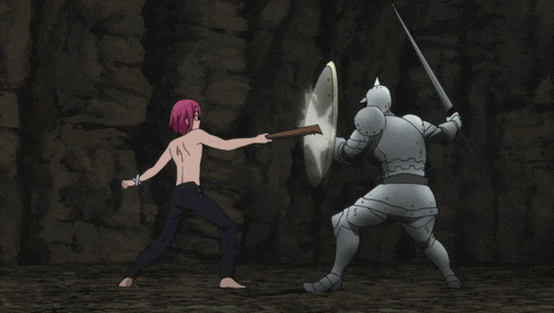 a man with pink hair is holding a sword and shield while fighting another man