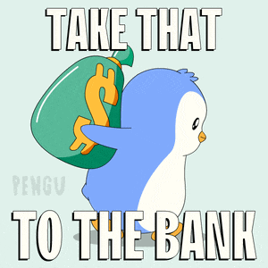 a penguin is carrying a bag of money with the words take that to the bank below it