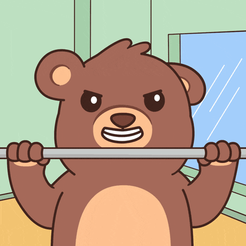 a cartoon bear is lifting a barbell with a window in the background
