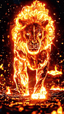 a lion made of flames is walking on a rocky surface