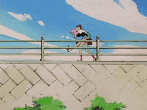a couple of girls standing on a fence with a blue sky behind them