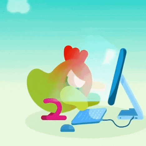 a cartoon chicken is sitting in front of a computer screen