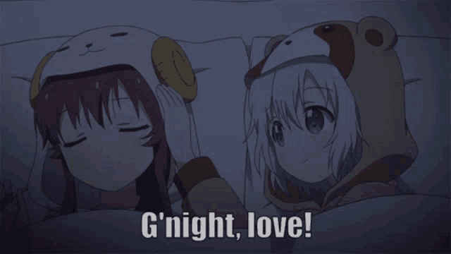 two anime girls are sleeping in a bed with the words g ' night love written above them