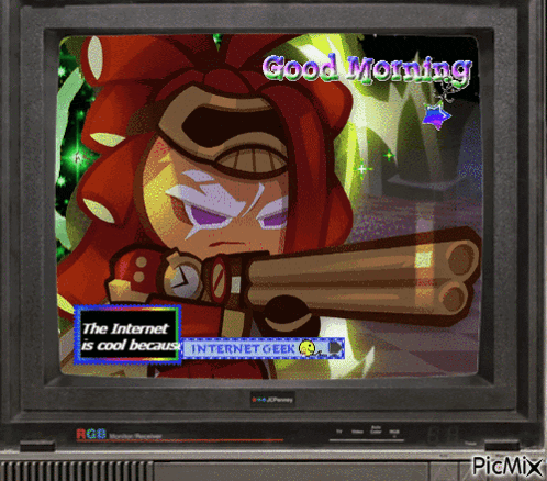 a tv screen says good morning and shows a cartoon character with a gun