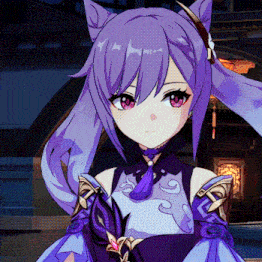a purple haired anime girl with red eyes