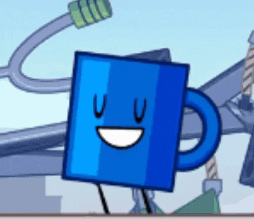a cartoon drawing of a blue mug with a smile on its face .