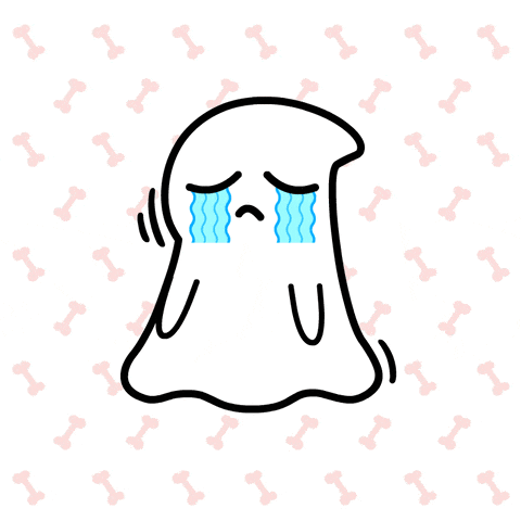 a drawing of a crying ghost with a pattern of bones in the background