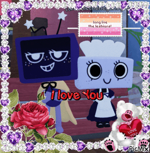 a picture of two cartoon characters with the words " i love you " on it
