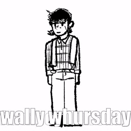 a black and white drawing of a man wearing suspenders and a plaid shirt .