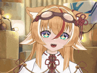 a close up of a anime character wearing goggles and a white shirt