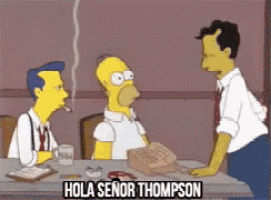 a cartoon of homer simpson smoking a cigarette with hola señor thompson written above him