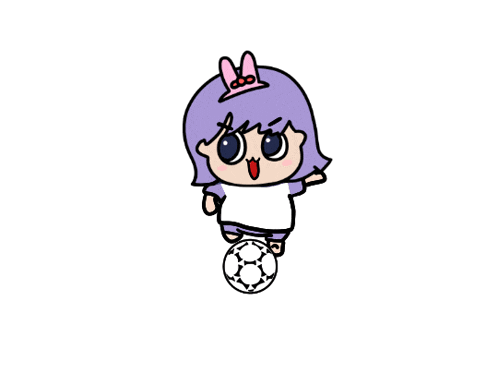 a cartoon girl with purple hair is kicking a ball