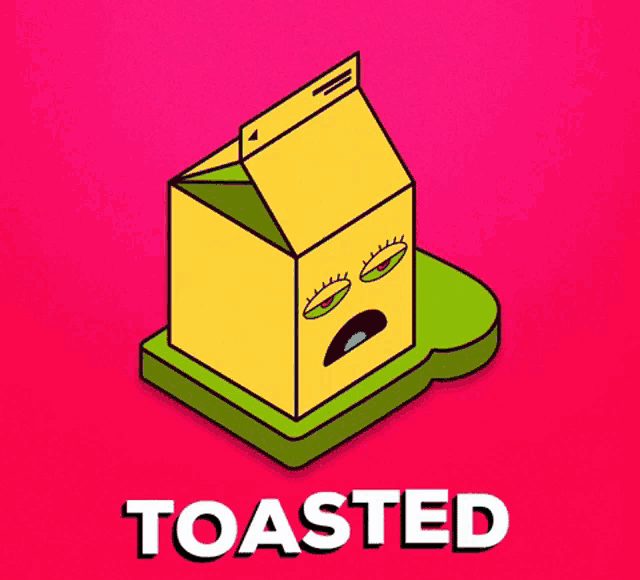 a cartoon illustration of a carton of milk sitting on top of a piece of toast with the word toasted underneath it