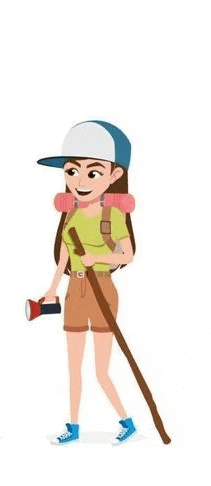 a woman with a backpack and a flashlight is walking with a cane .