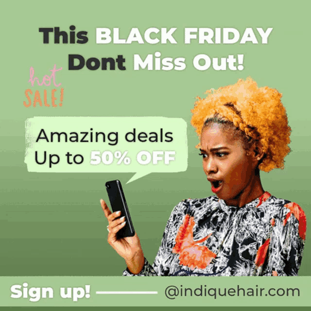 a woman with yellow hair is looking at her phone with a speech bubble that says this black friday don t miss out