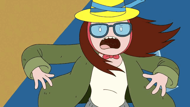 a cartoon character with glasses and a yellow hat has a surprised look on her face