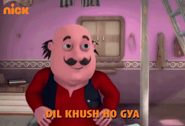 a cartoon character with the words dil khush ho gya on the bottom
