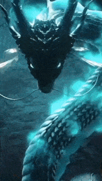 a dragon with green eyes is swimming in the water with a blue background .