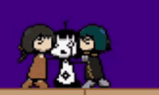 a pixel art of a girl with red hair holding a sword next to a cat .