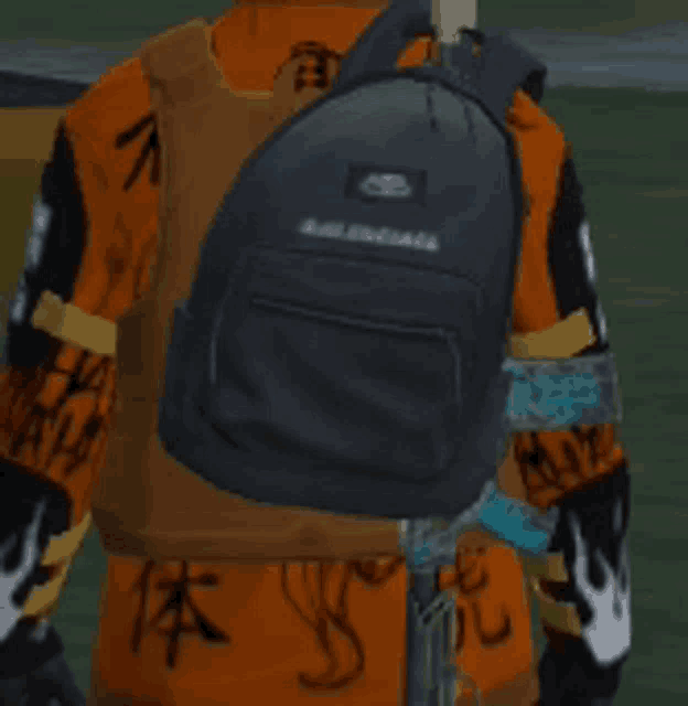a person wearing an orange jacket and a black backpack with the word balenciaga on it