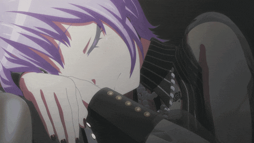a girl with purple hair and black nails is sleeping on a couch